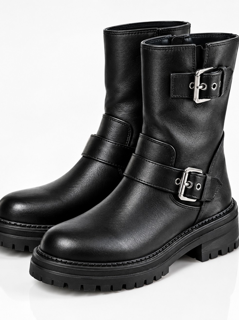 Black Leather Buckle Combat Boots - Women's